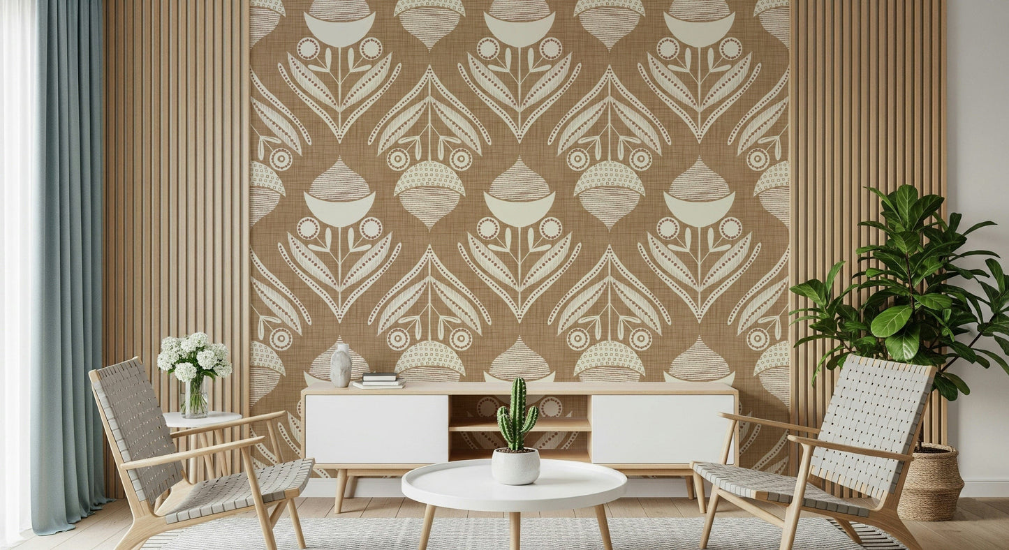 Warm brown wallpaper with decorative cream blooms and geometric botanical accents