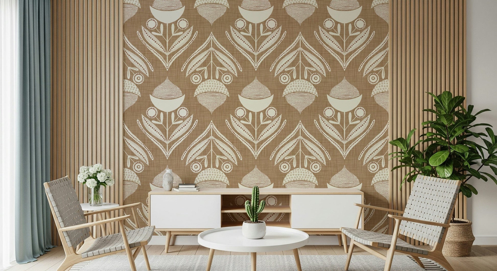 Warm brown wallpaper with decorative cream blooms and geometric botanical accents