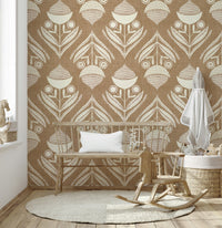 Rustic-inspired wallpaper showcasing cream flowers and leaf shapes arranged in a symmetrical layout