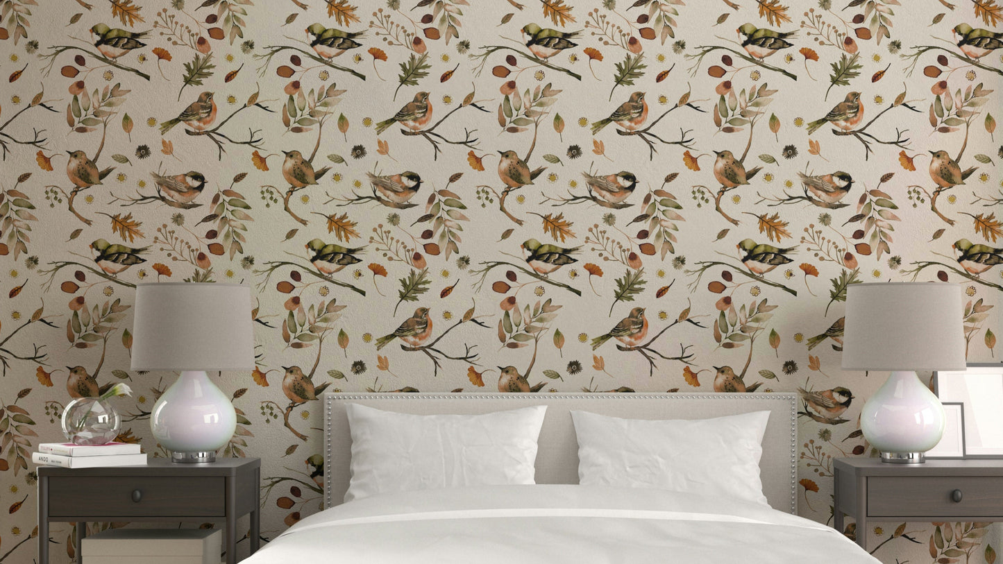 Rustic forest green wallpaper with birds and trees

