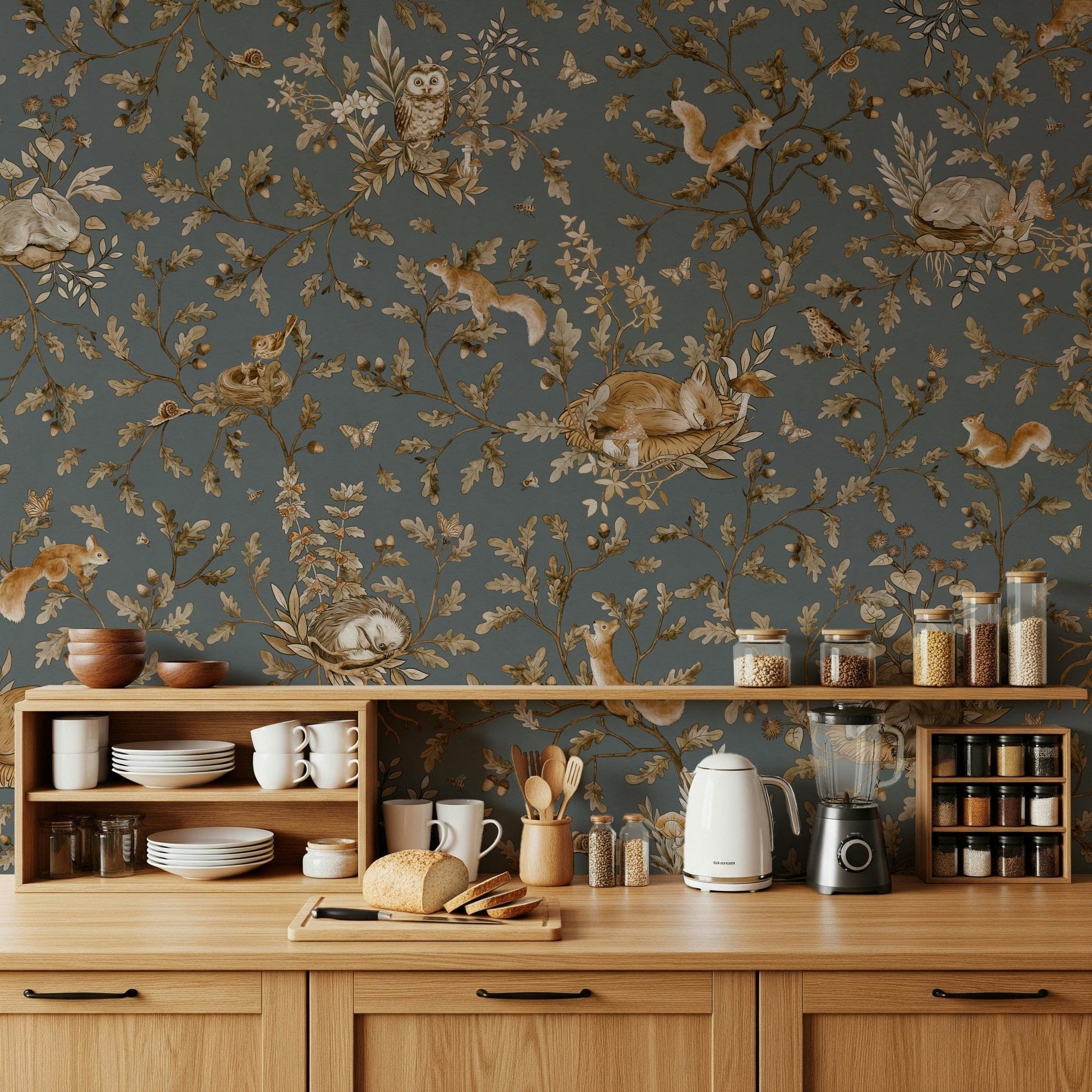 Rustic Forest Motif wallpaper mural in blue-grey above a wood kitchen counter with open shelves, dishes and a kettle