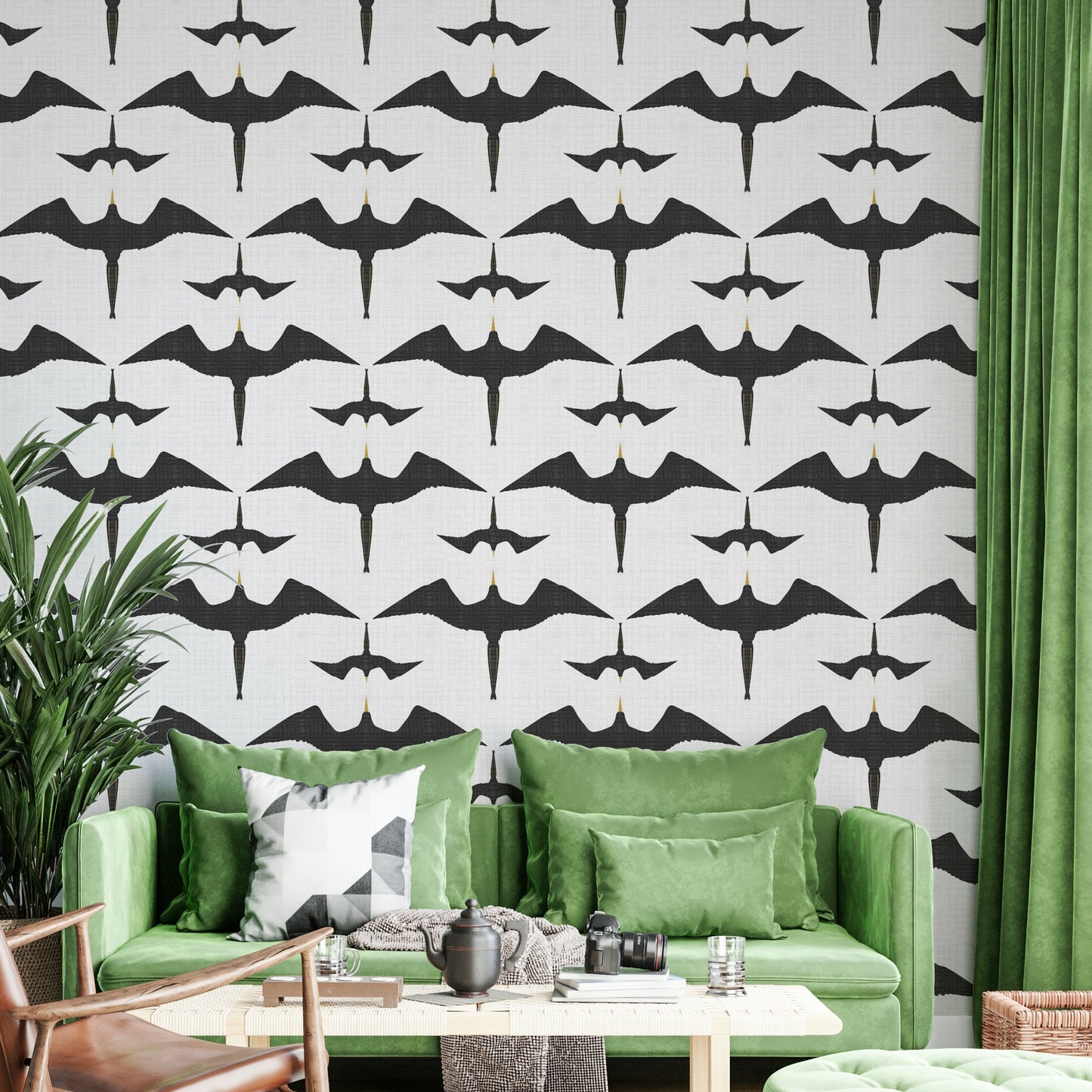 Frigatebirds in motion on rustic white wall covering


