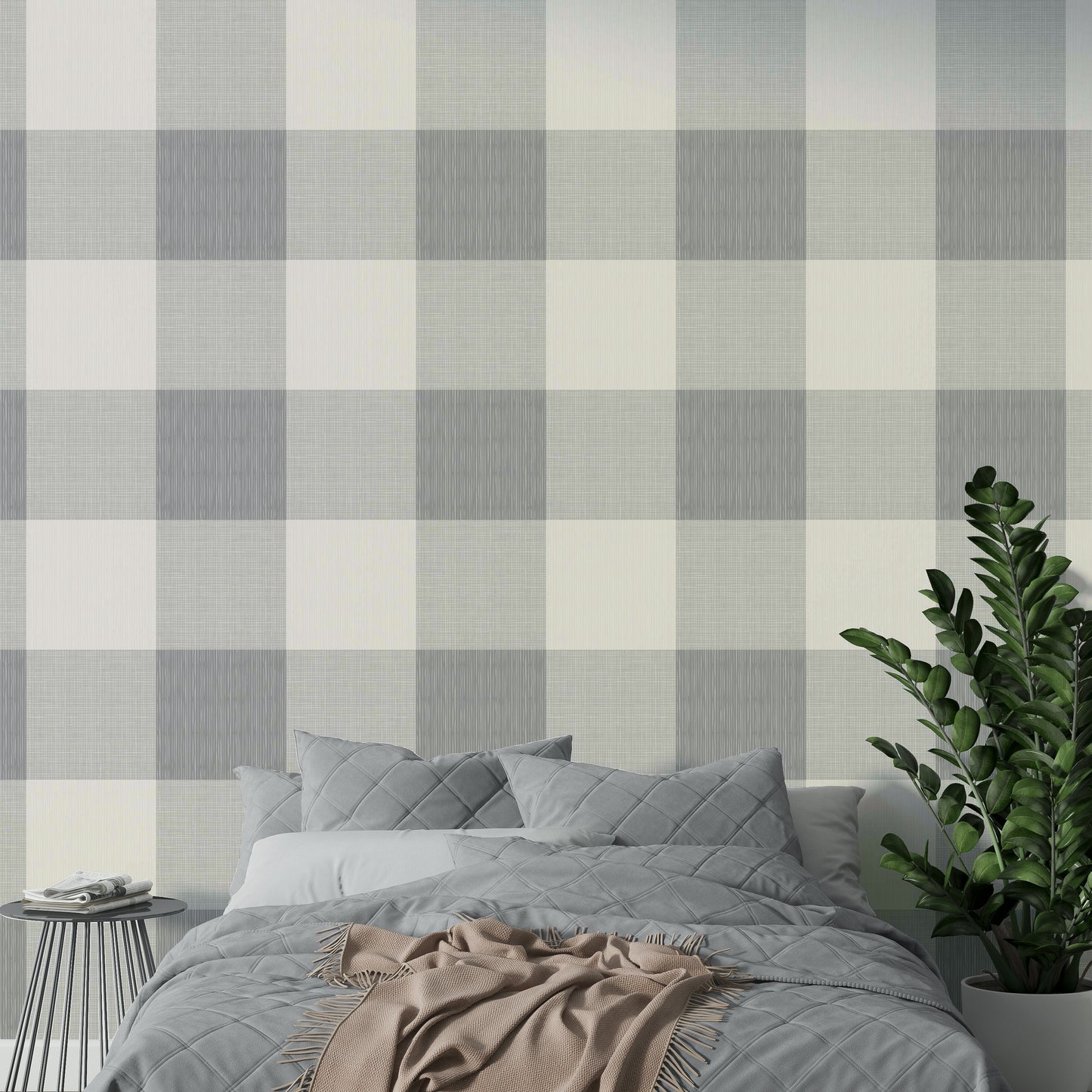 Gray buffalo plaid wallpaper with country charm

