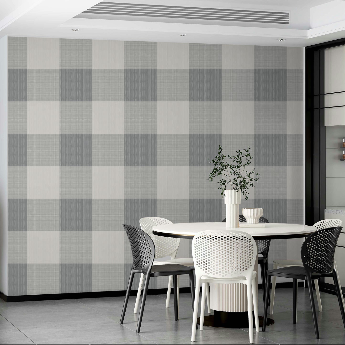 Farmhouse wallpaper with gray plaid pattern

