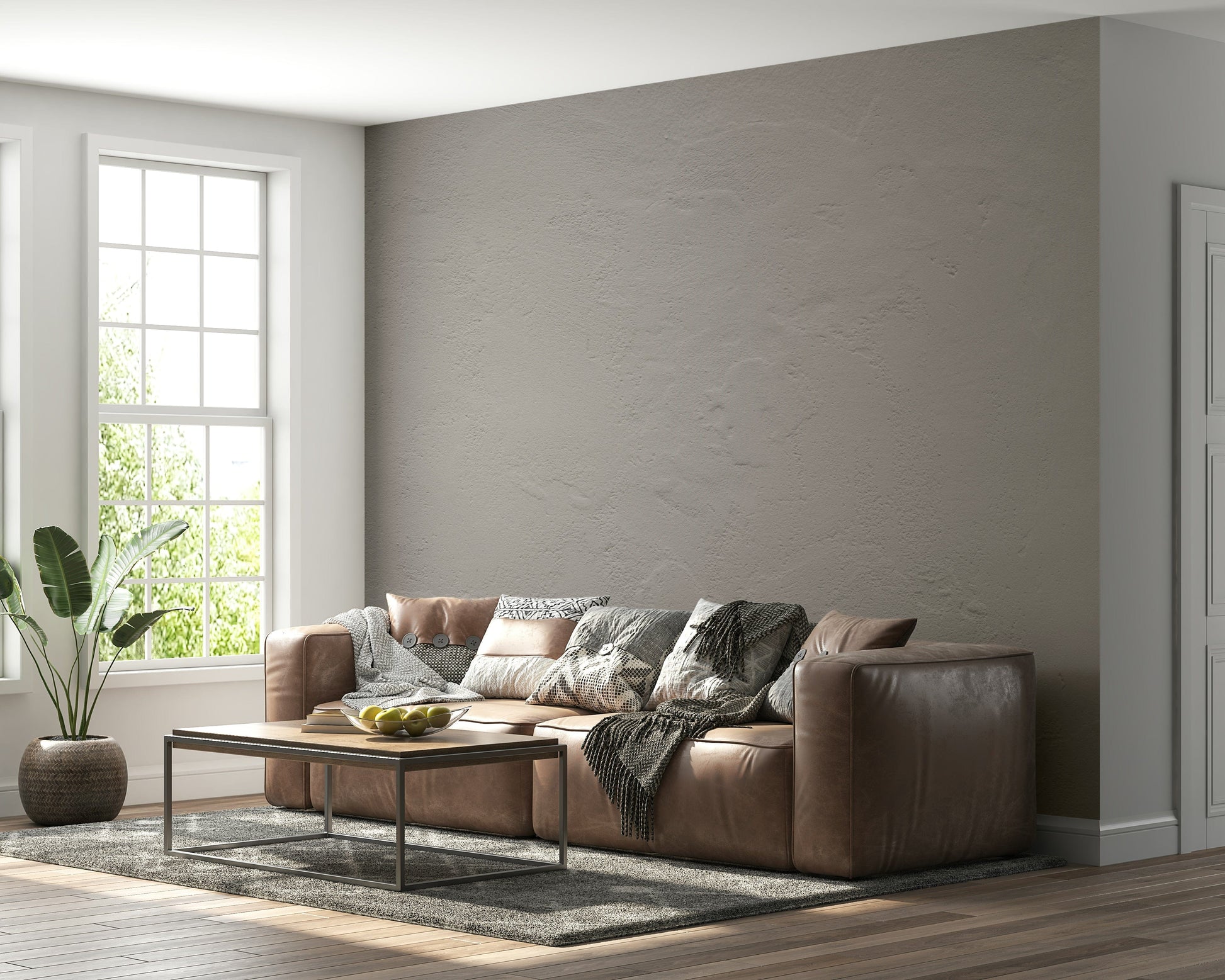Wall mural with warm, textured rustic finish to create a grounding and inviting ambiance.