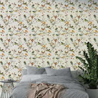 Bird and tree pattern wallpaper in forest tones

