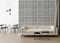 Textured rustic grid lines wallpaper for cozy, farmhouse-style interiors.