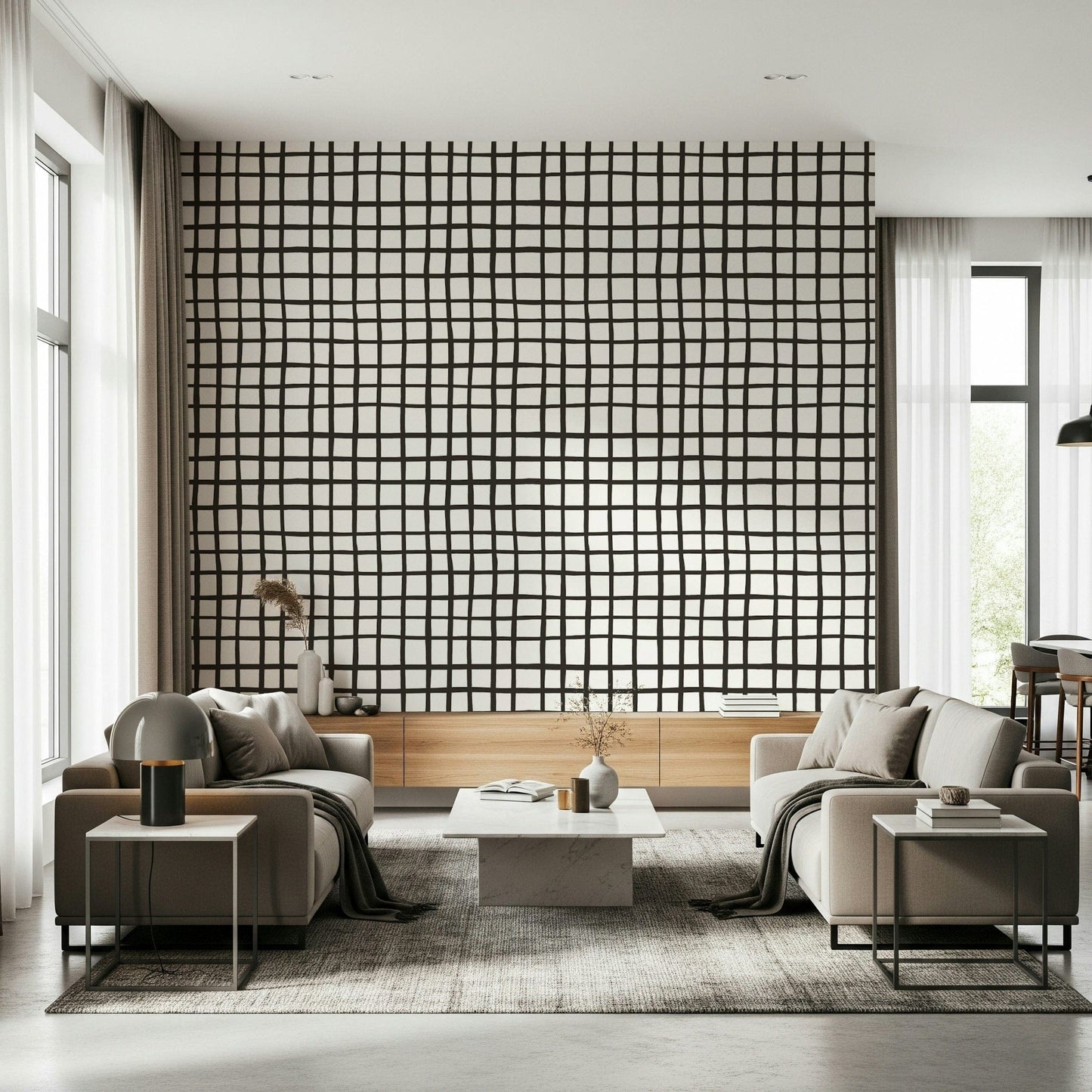 Hand-drawn rustic grid lines mural with subtle texture and earthy hues.