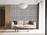 Earthy rustic grid line mural giving walls a warm, organic aesthetic.
