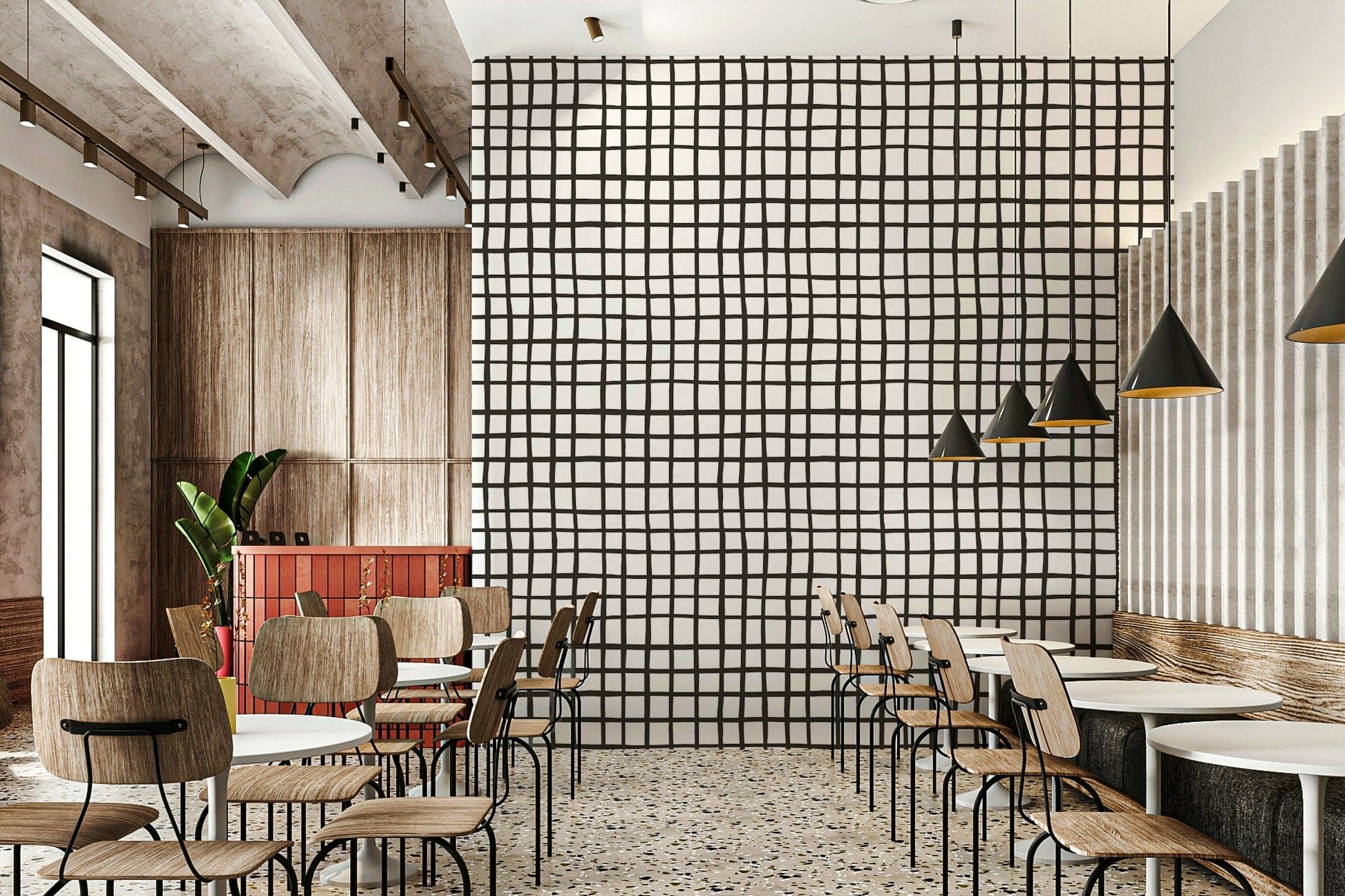 Vintage-inspired grid line wall mural featuring a warm rustic finish.