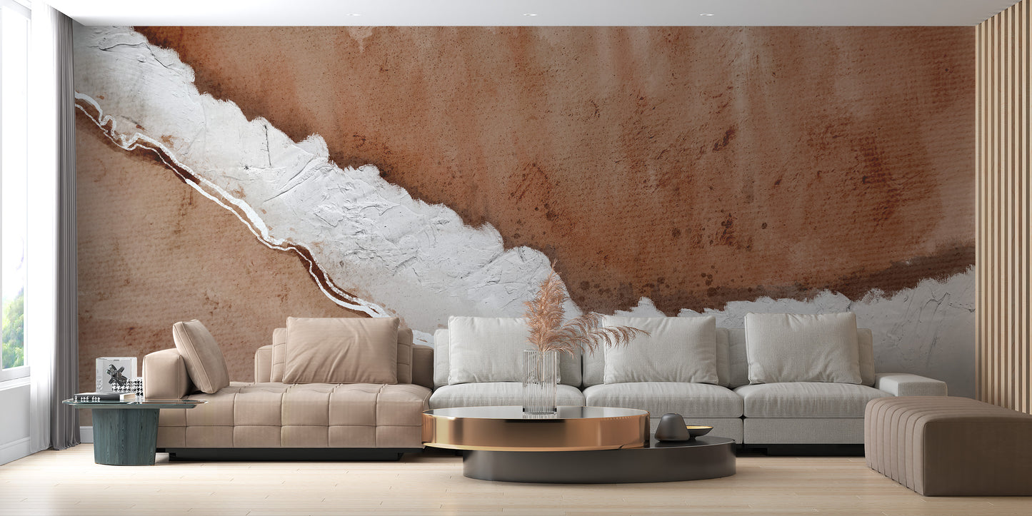 Rustic Horizon Textured wallpaper mural in terracotta and white behind beige and cream sofas in a living room