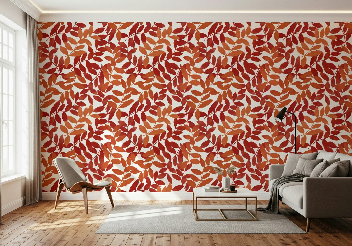 Rustic Leaves wallpaper in red and orange behind a white shell chair and grey sofa in a living room