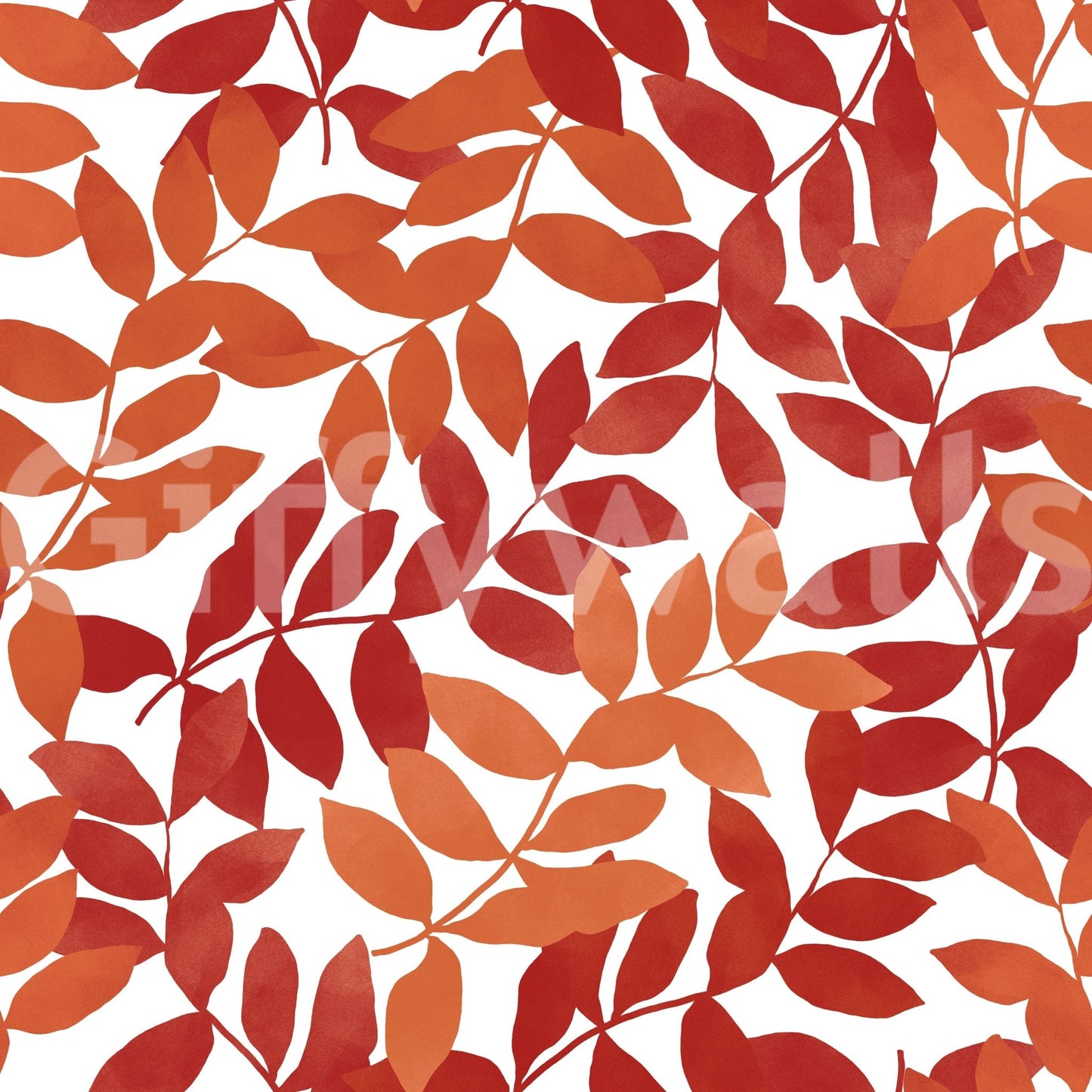 Rustic Leaves wallpaper close-up showing red and orange watercolor leaf branches on a white background