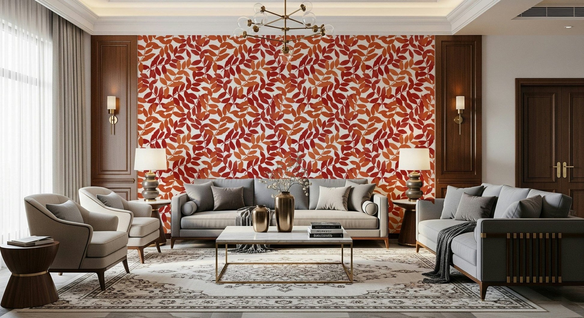 Rustic Leaves wallpaper in red and orange behind grey sofas and armchairs in a classic living room