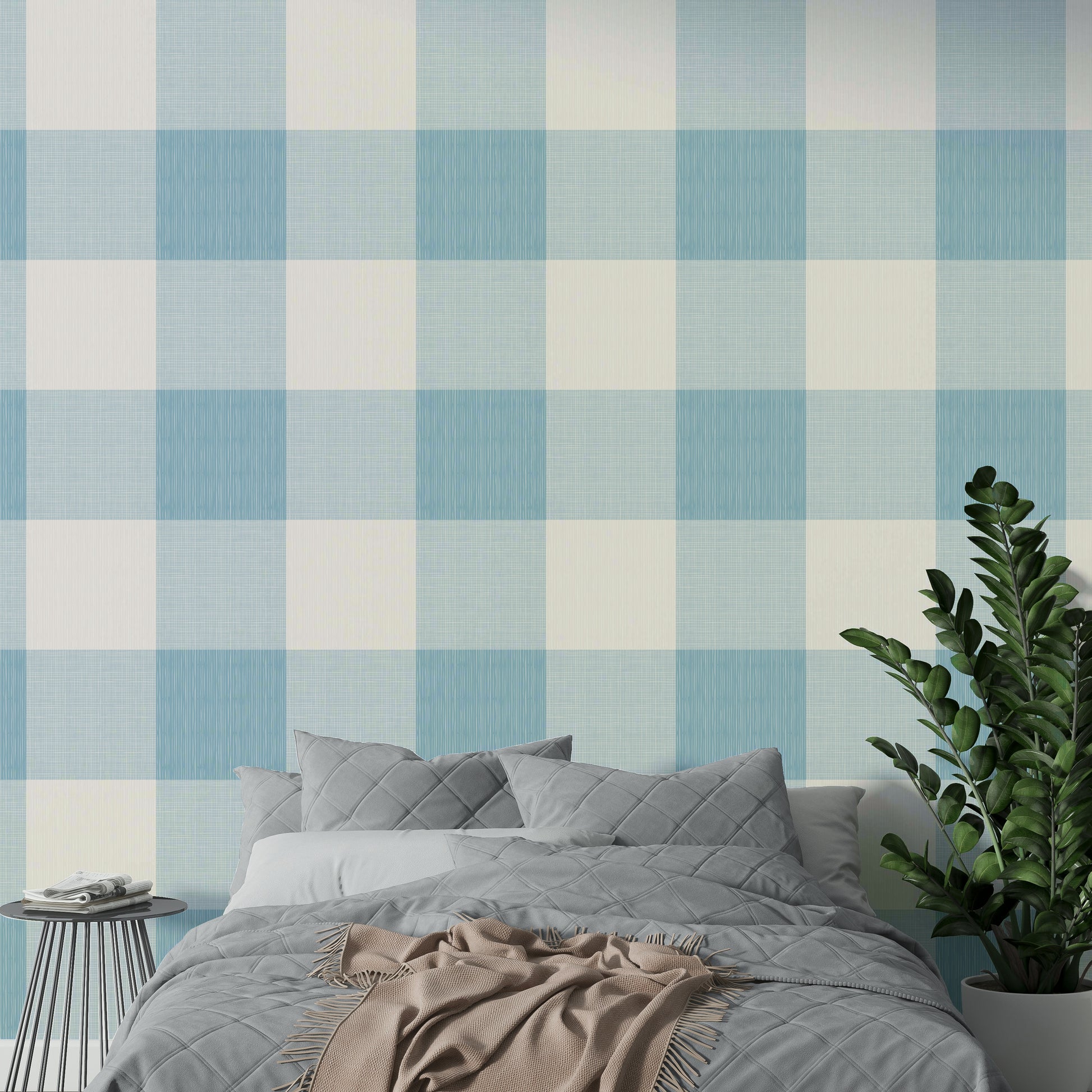 Pale blue check wallpaper for serene interiors

