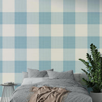 Pale blue check wallpaper for serene interiors

