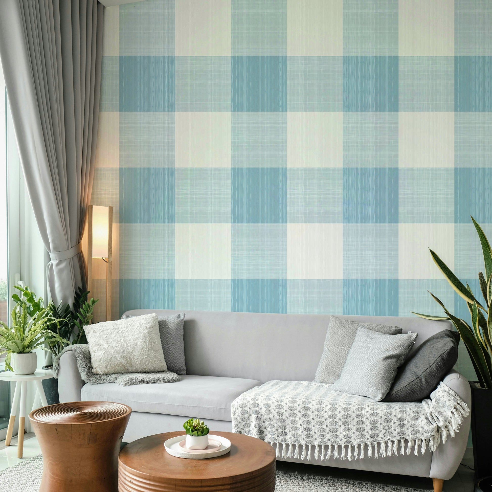 Light blue plaid wallpaper for cozy spaces

