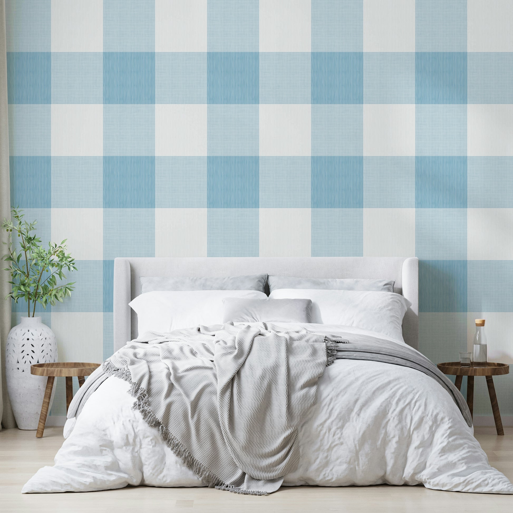 Classic buffalo plaid in pale blue for walls

