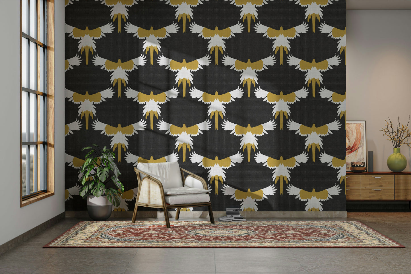 Exotic bird-themed wallpaper with rustic gray background

