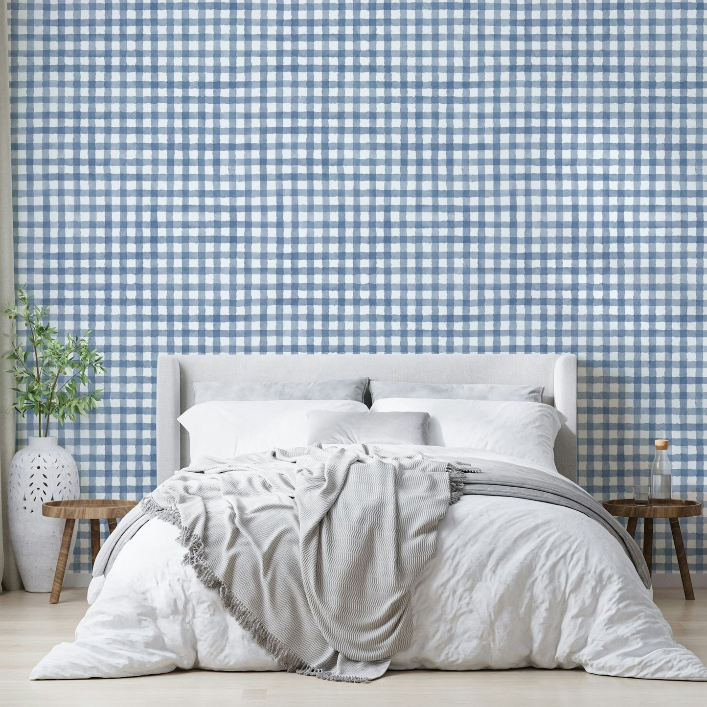 Classic check mural in navy and neutral tones
