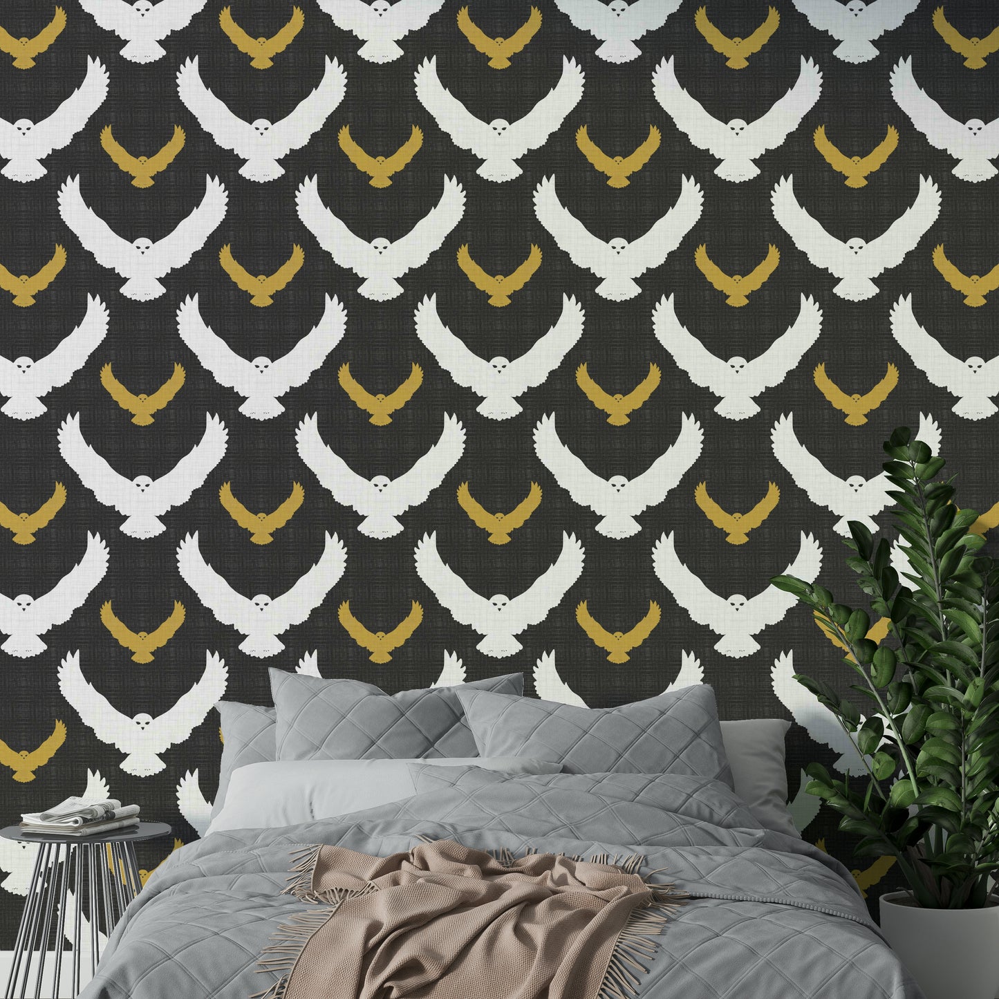 Serene owl wallpaper for cozy interior settings

