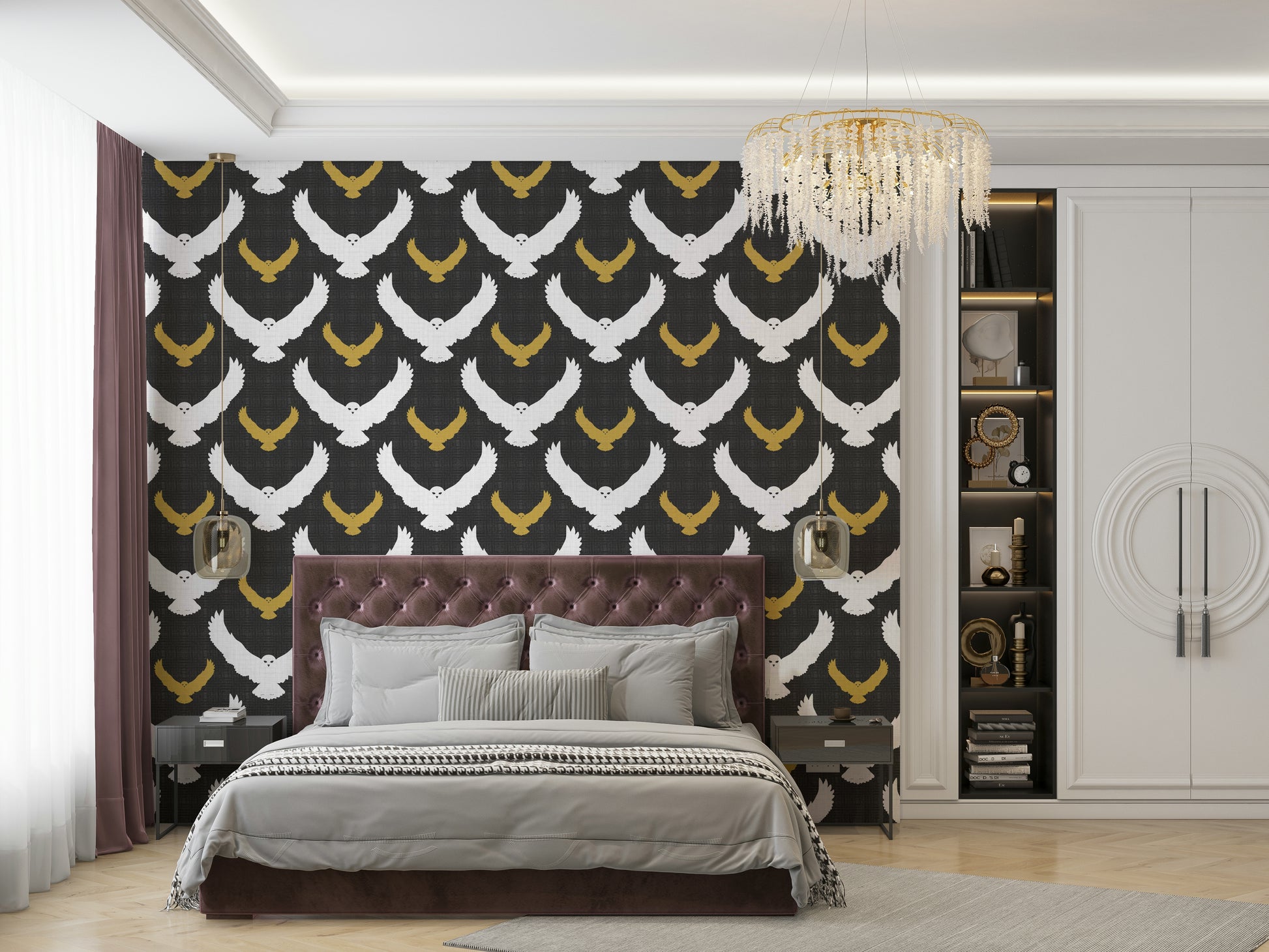 Rustic-style wallpaper featuring night birds in flight

