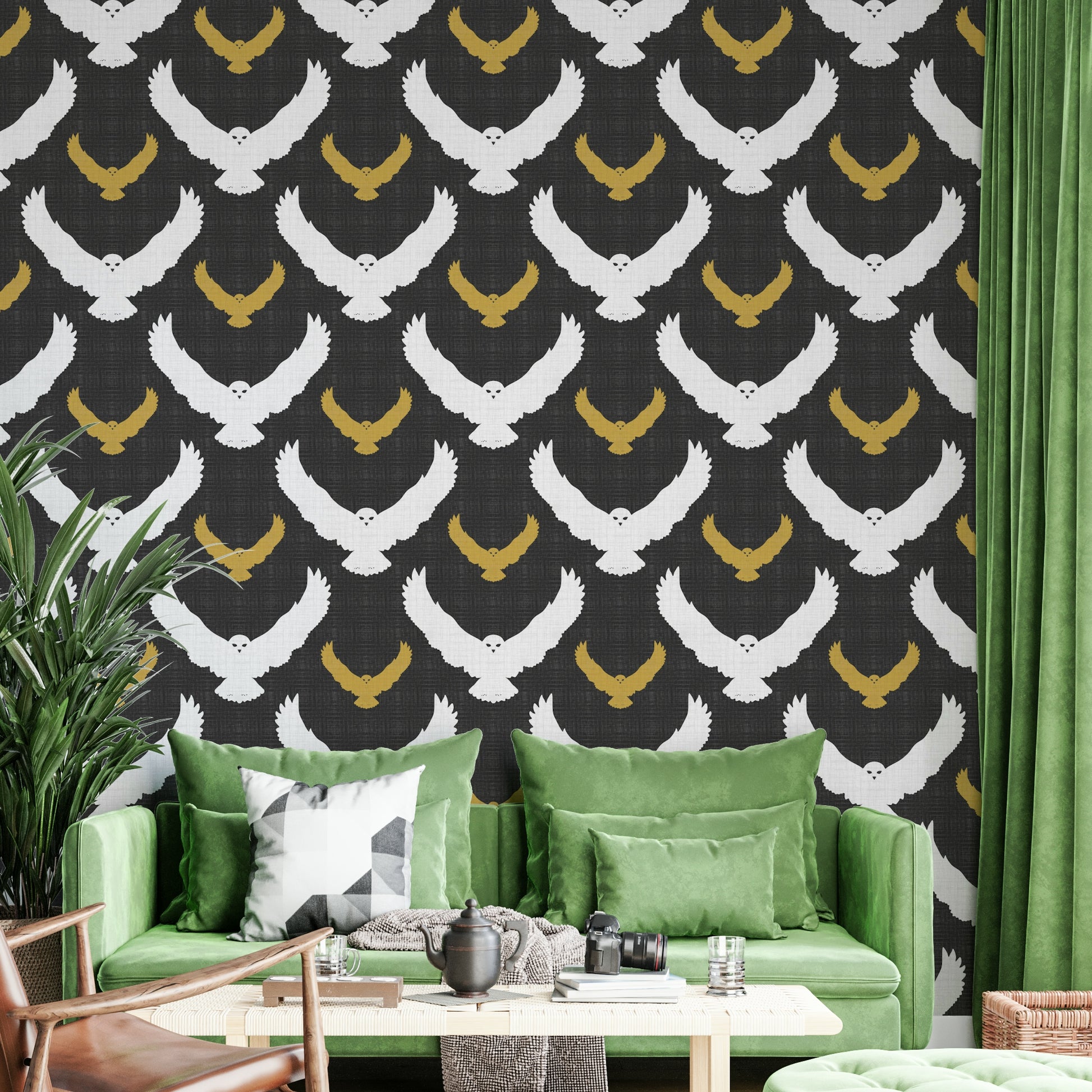 Decorative gray wallpaper with owl silhouettes

