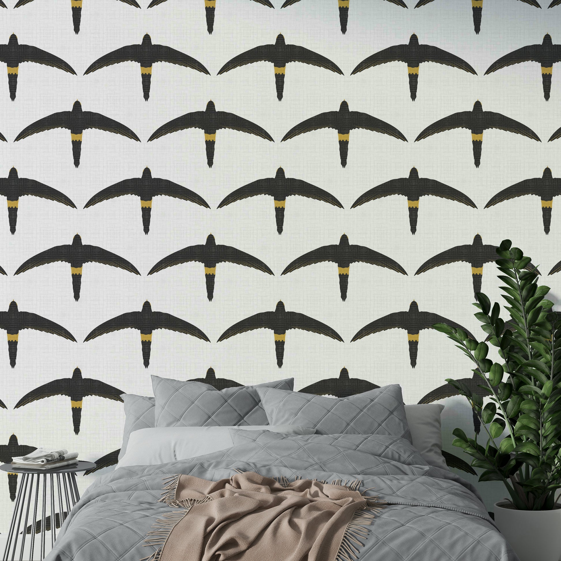 Subtle rustic white wallpaper with bird silhouettes

