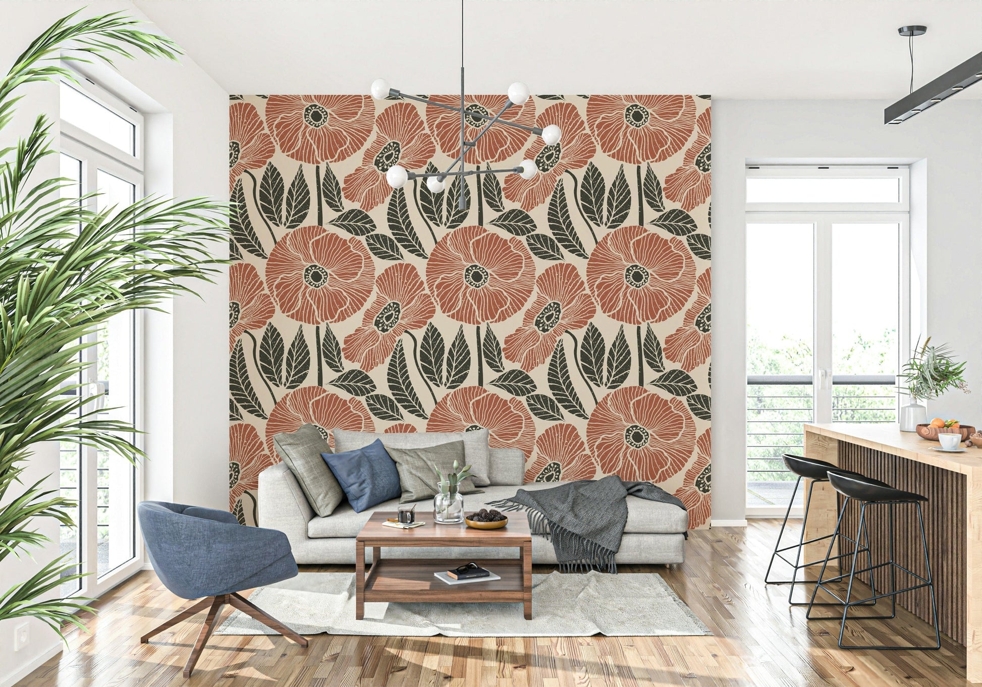 Light beige background suits Poppy Floral Modern Rustic Block accent wall mural.