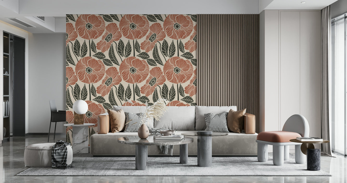 Artistic delicate outlines on Poppy Floral Modern Rustic Block wallpaper.