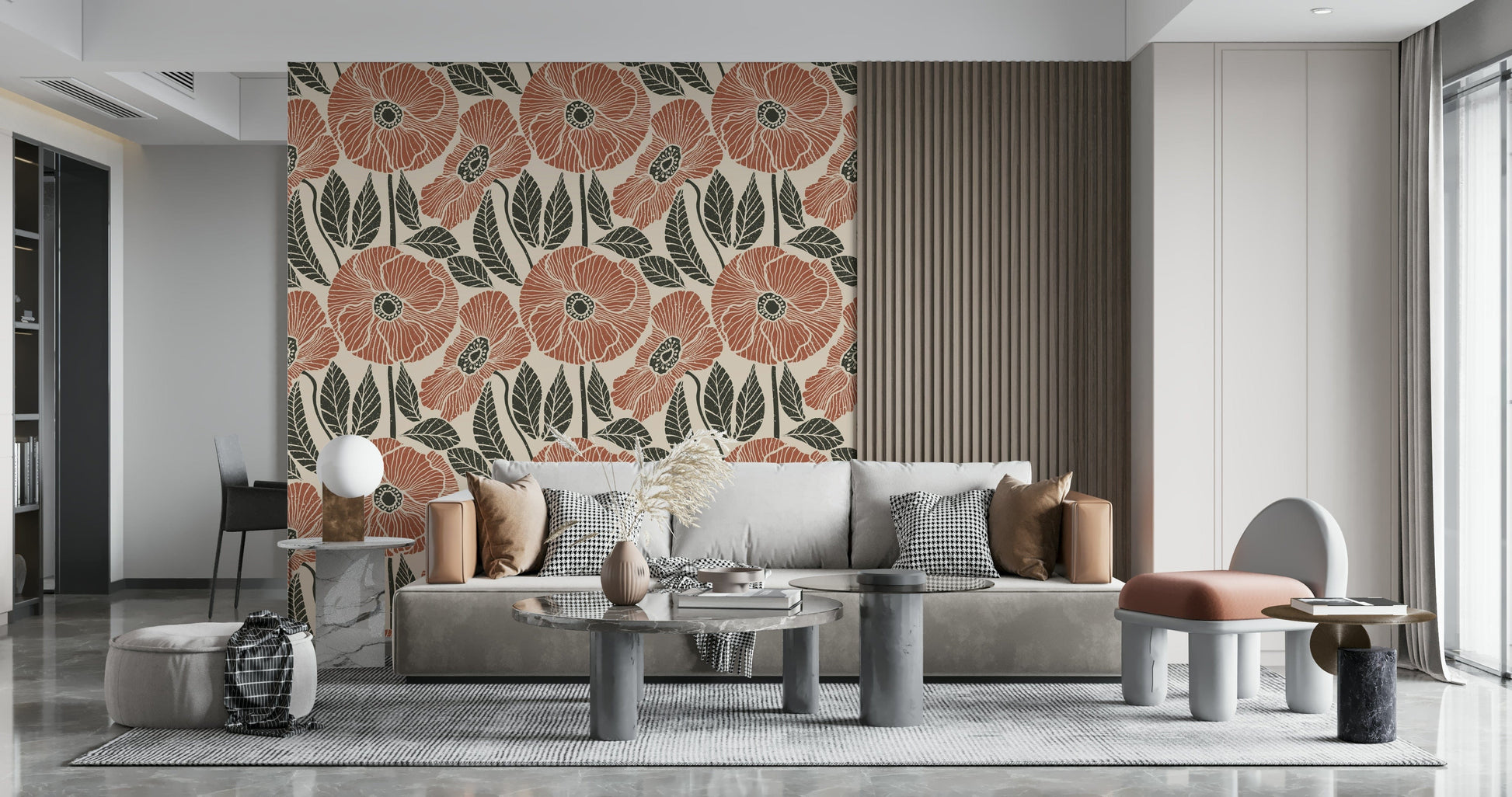 Artistic delicate outlines on Poppy Floral Modern Rustic Block wallpaper.