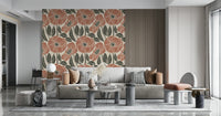 Artistic delicate outlines on Poppy Floral Modern Rustic Block wallpaper.