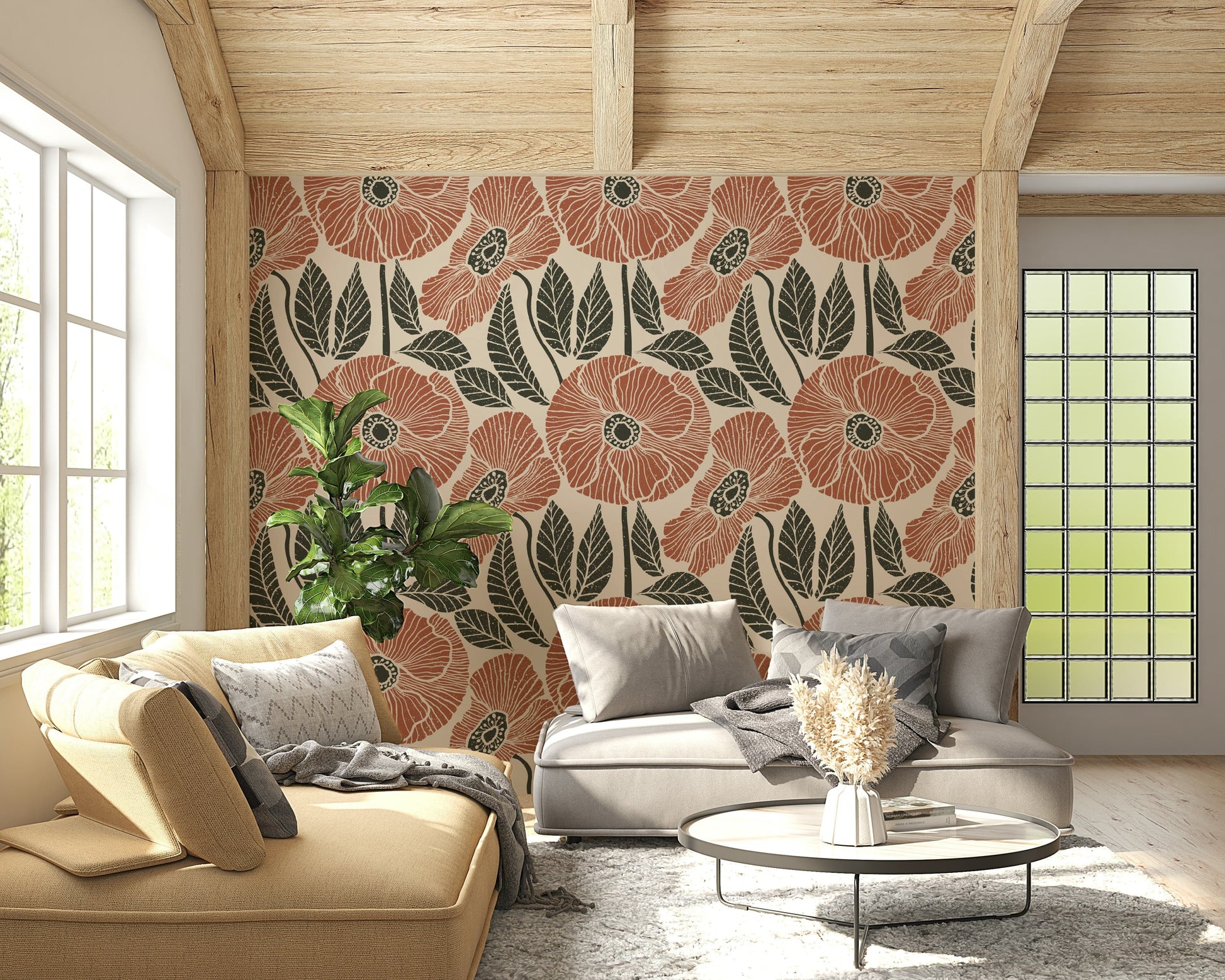 Large stylized poppy flowers on Poppy Floral Modern Rustic Block wallpaper.