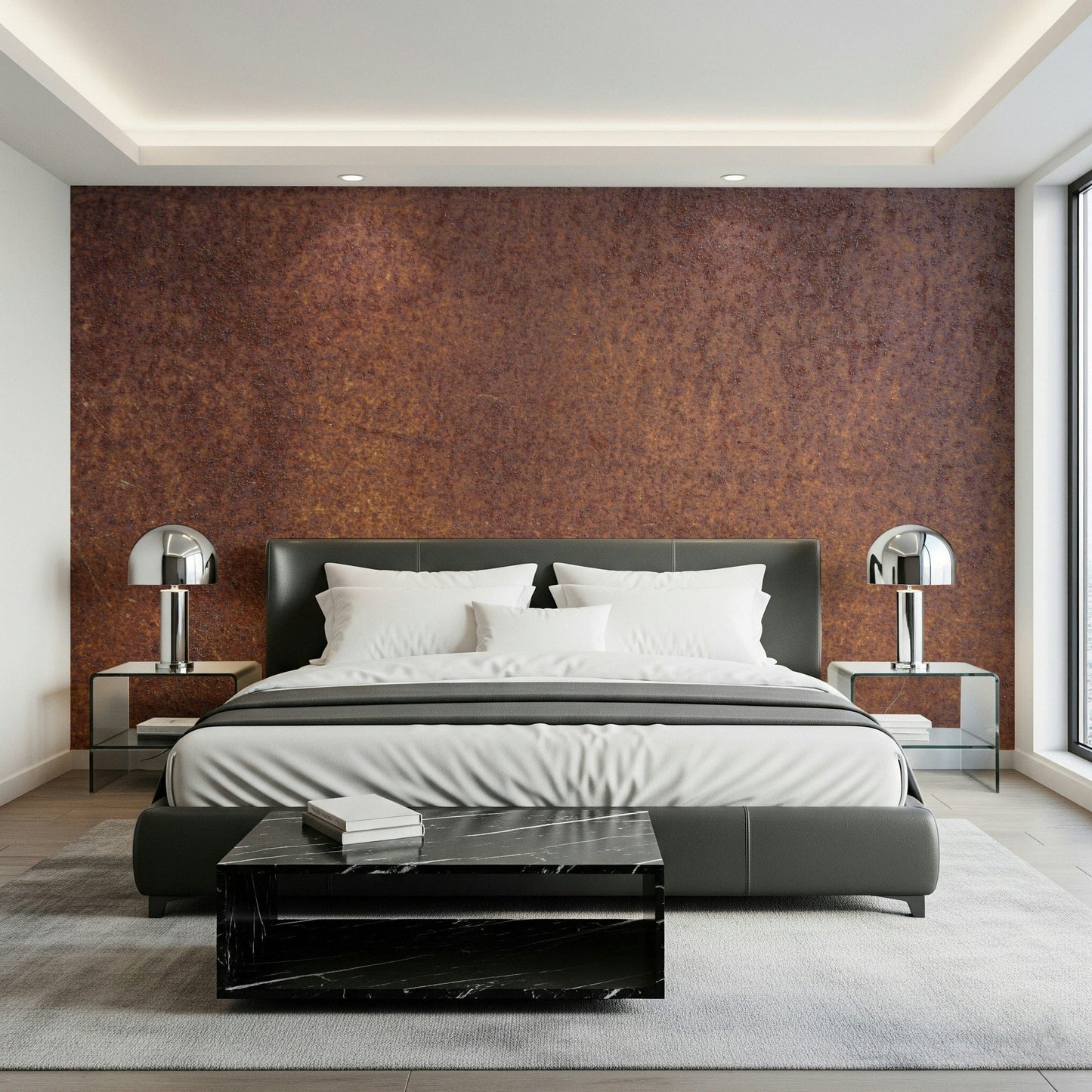 Decorative mural featuring distressed metal surfaces with natural rust textures.