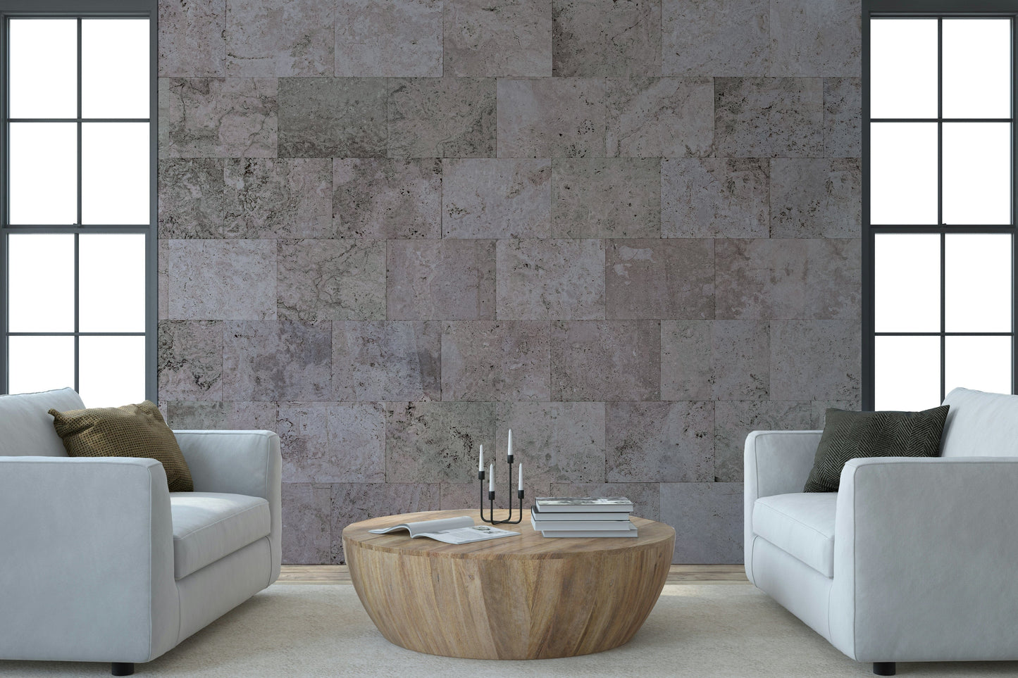 Warm-toned rustic block wallpaper mural adding a cozy, grounded aesthetic to any room.