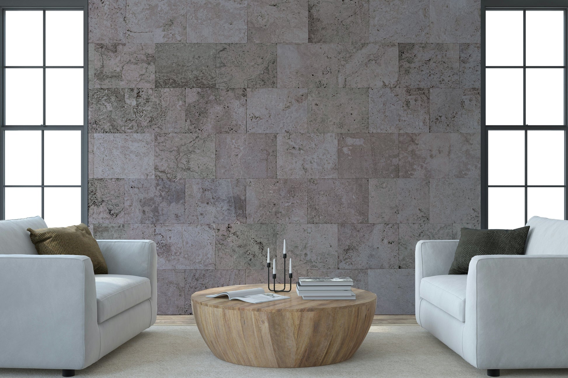 Warm-toned rustic block wallpaper mural adding a cozy, grounded aesthetic to any room.