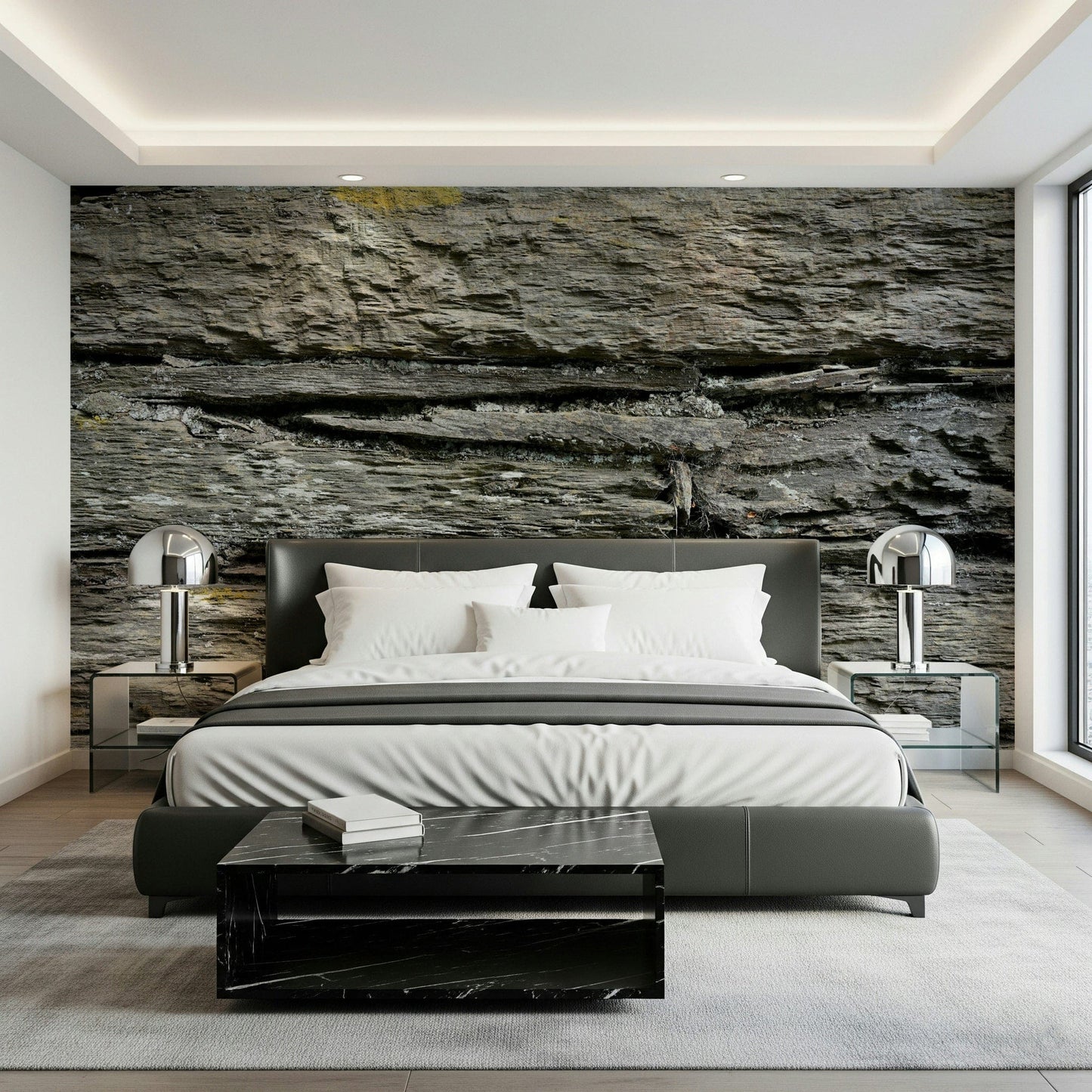 Rustic stone texture wall mural adding warmth, texture, and natural charm to living rooms or feature walls.