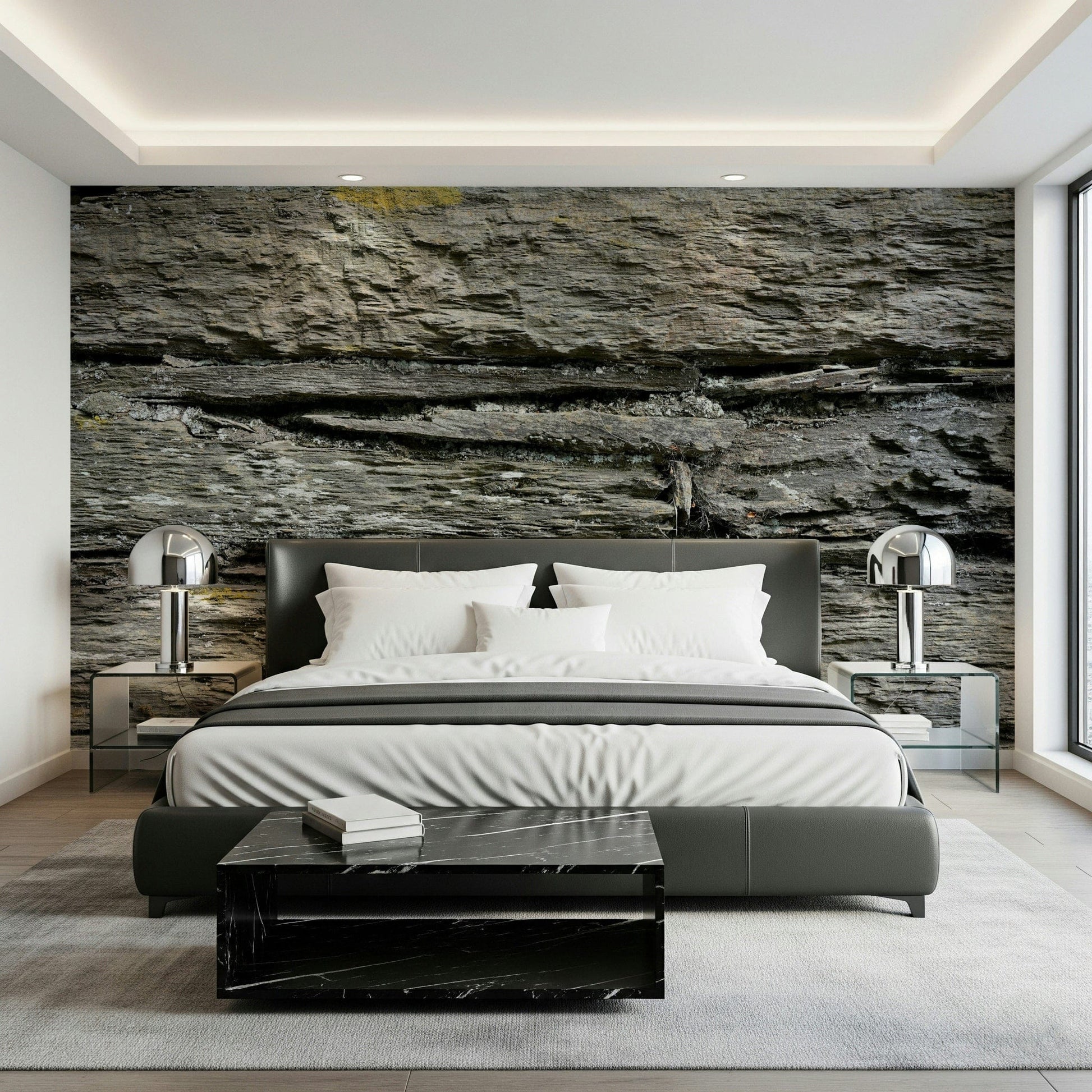 Rustic stone texture wall mural adding warmth, texture, and natural charm to living rooms or feature walls.
