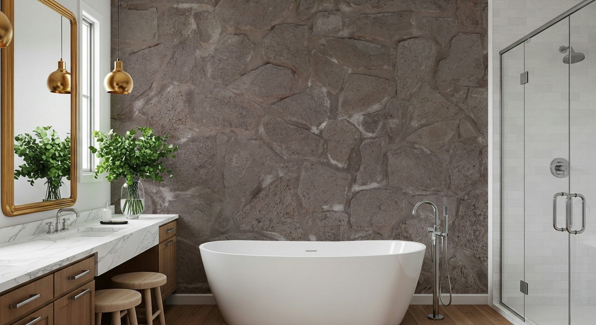 Textured wall mural with layered stone patterns creating a warm and authentic accent wall.