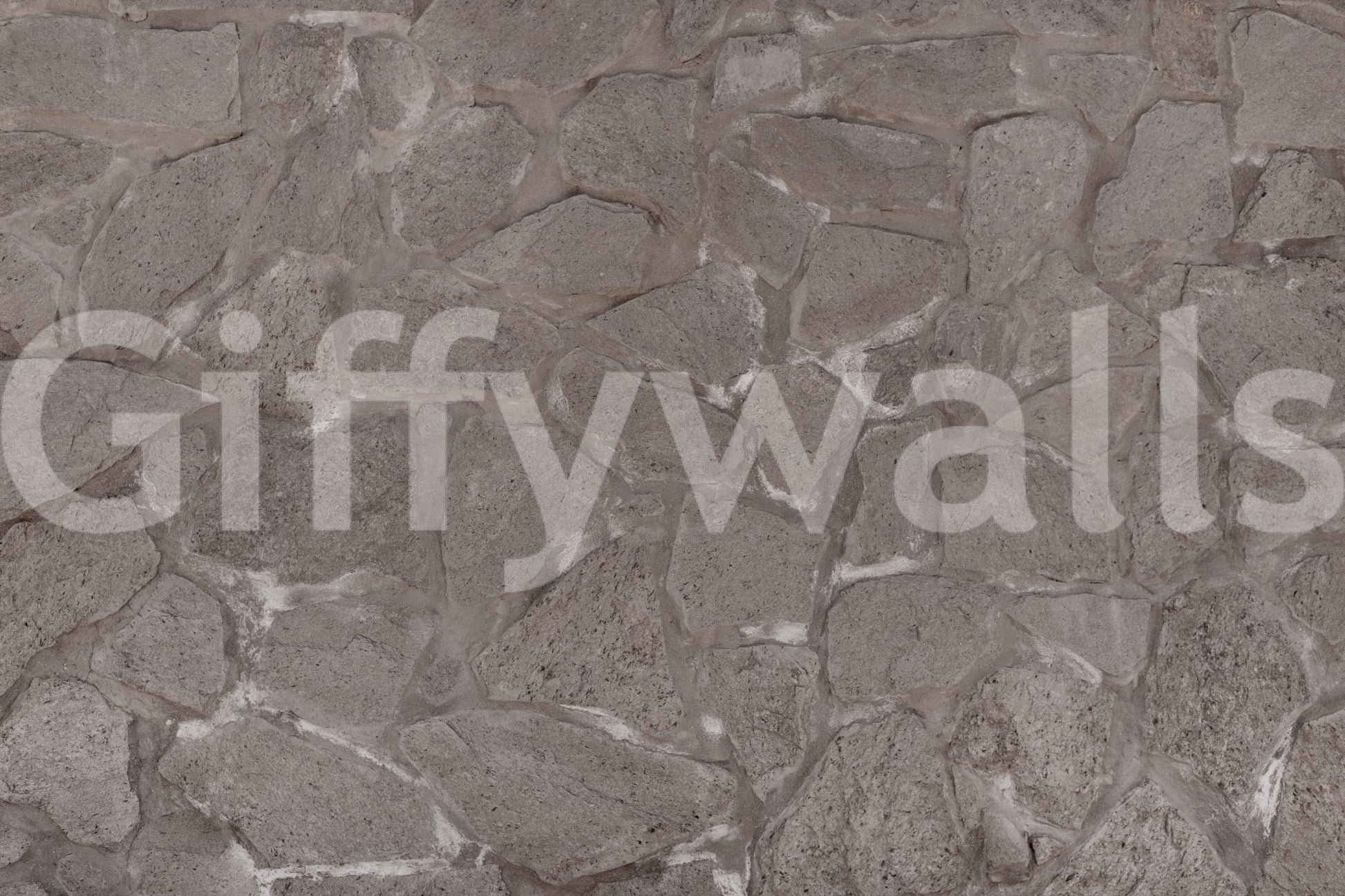 Rustic Stone wall mural close-up showing the pattern detail of irregular grey fieldstones with pale mortar