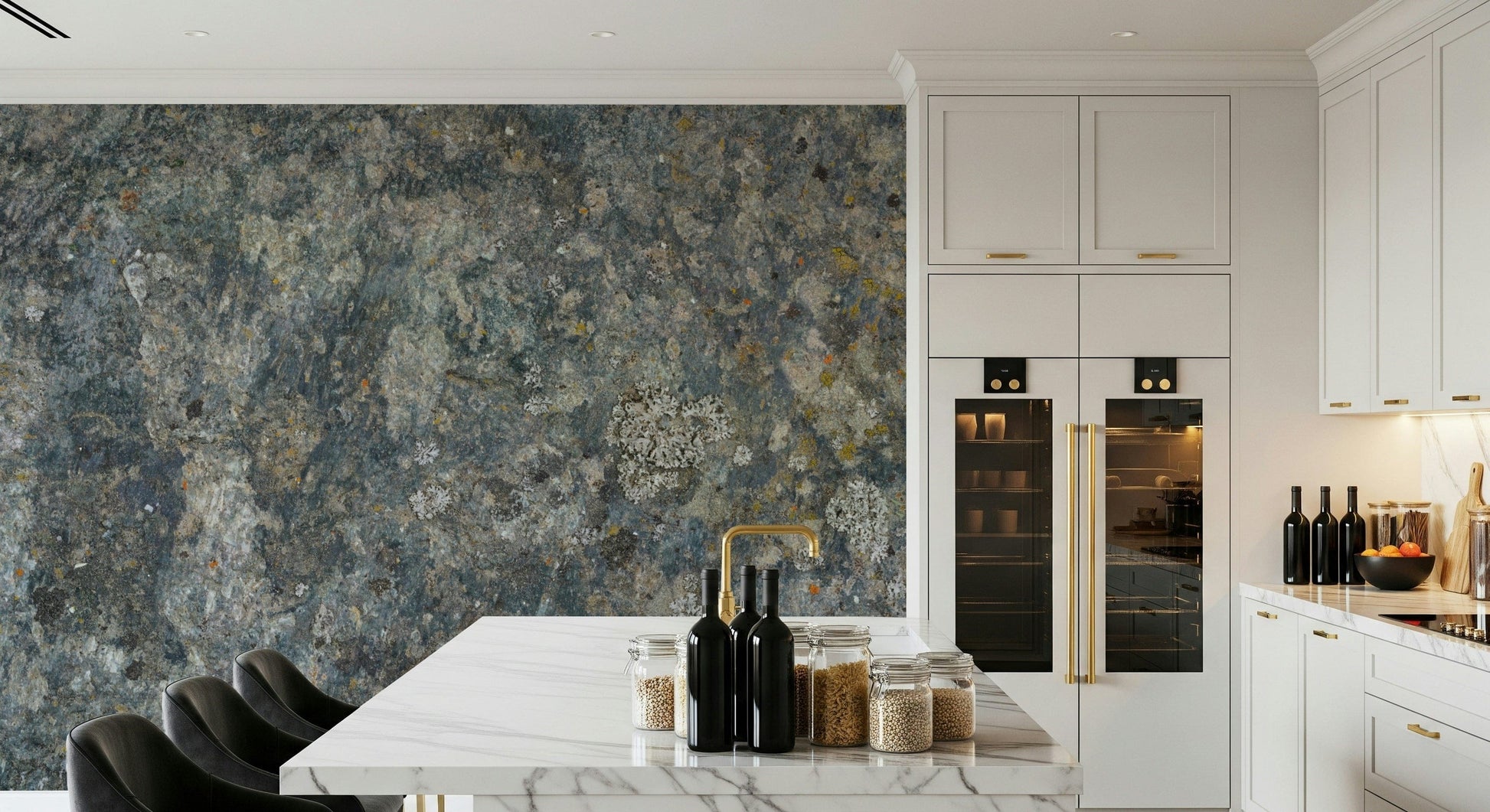 Decorative wall mural with gentle stone patterns for a calm, natural look.