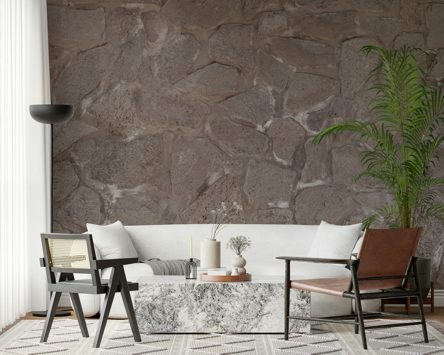Textured rustic stone wallpaper mural mimicking hand-laid stone for authentic interior charm.