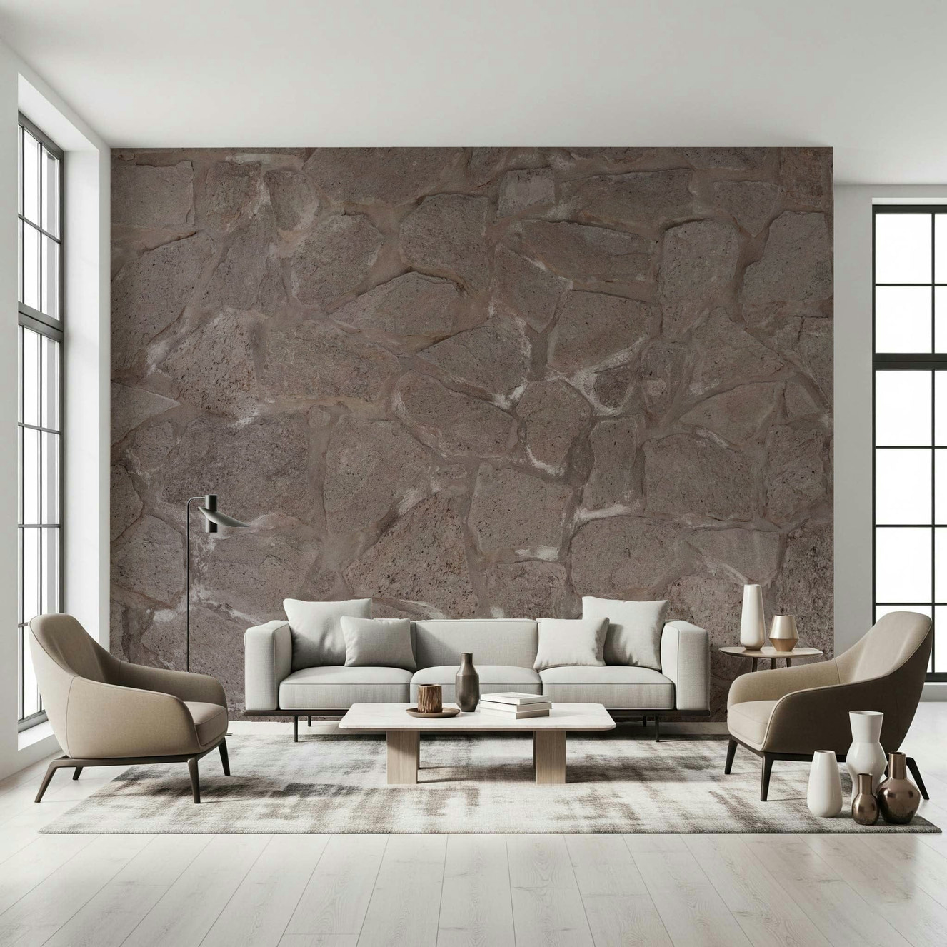 Rustic Stone Wall Wall Mural featuring natural stone textures in earthy tones for cozy, rustic interiors.