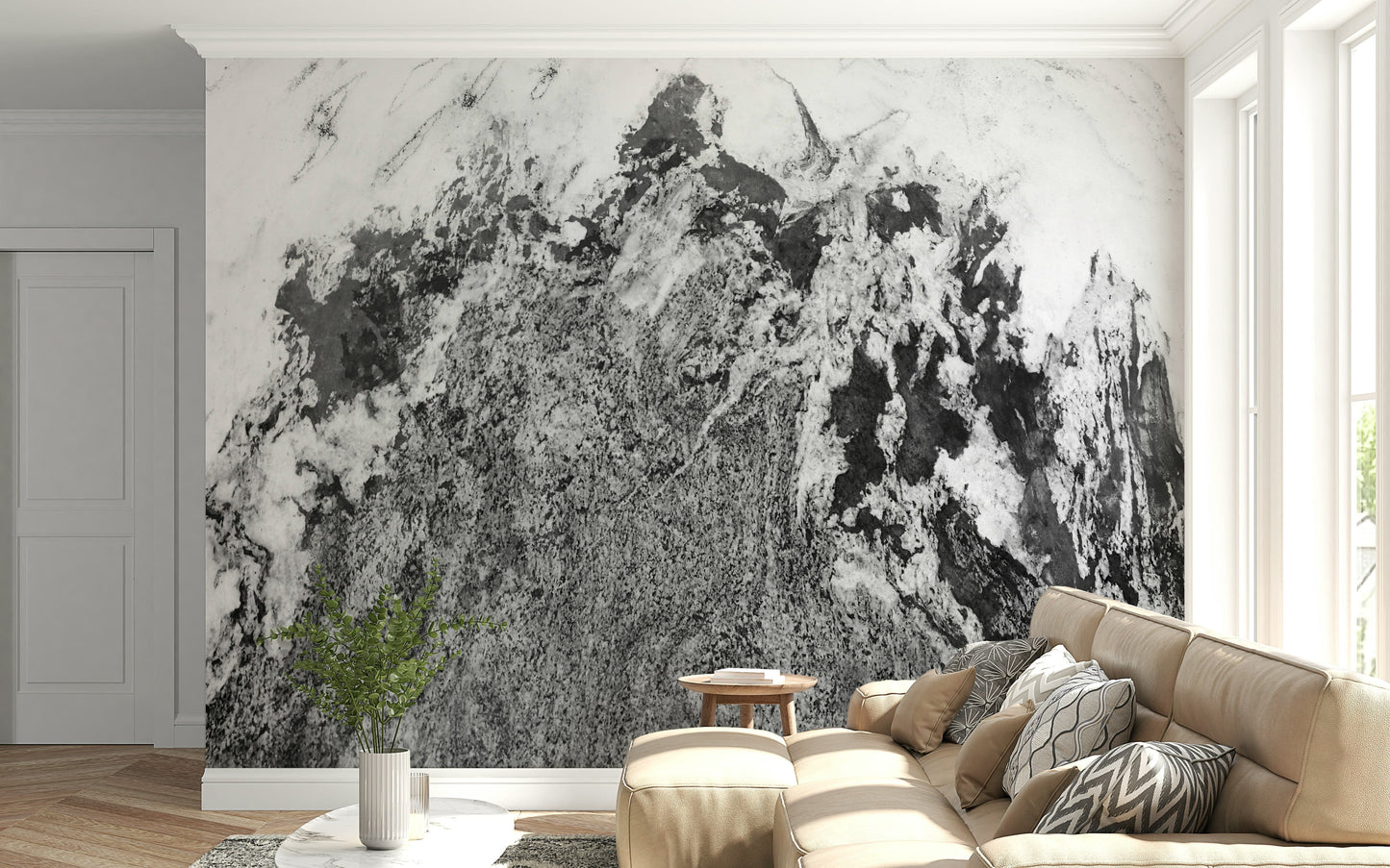 A contemplative subtle pattern wallpaper mural for a feature wall.