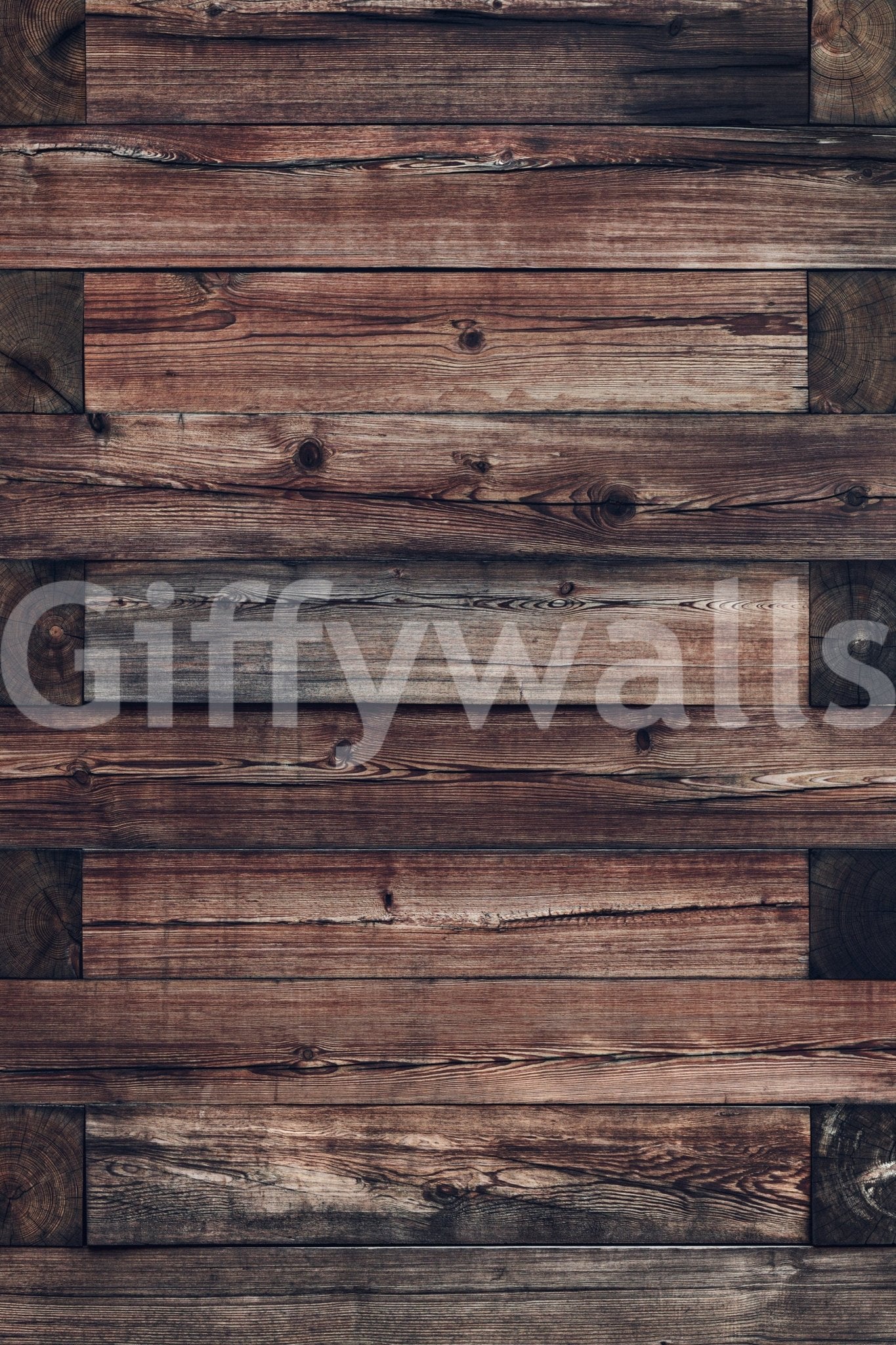 Rustic Timber wallpaper mural close-up showing the pattern detail of horizontal weathered planks in dark brown and reddish tones