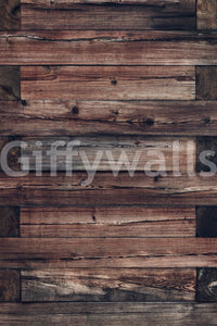 Rustic Timber wallpaper mural close-up showing the pattern detail of horizontal weathered planks in dark brown and reddish tones