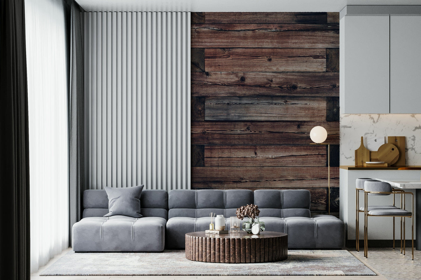 Wall mural with layered rustic timber textures adding warmth and character to living spaces.