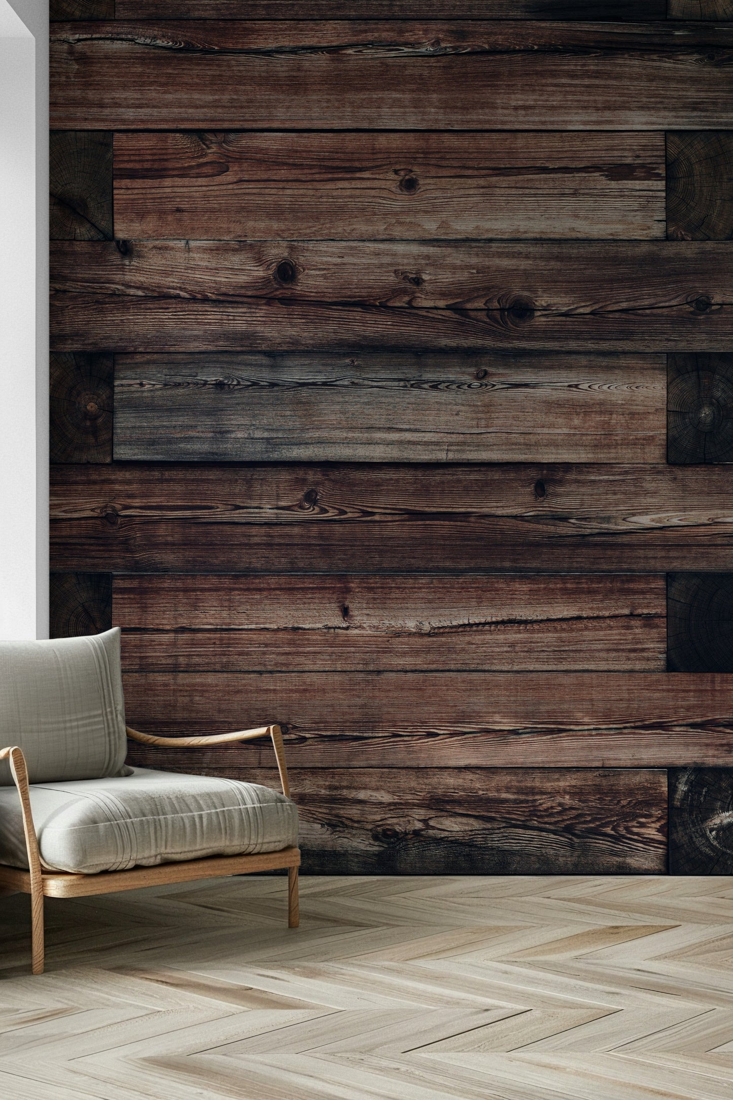 Rustic Timber Wall Mural featuring natural wooden planks with warm, earthy tones for cozy interiors.