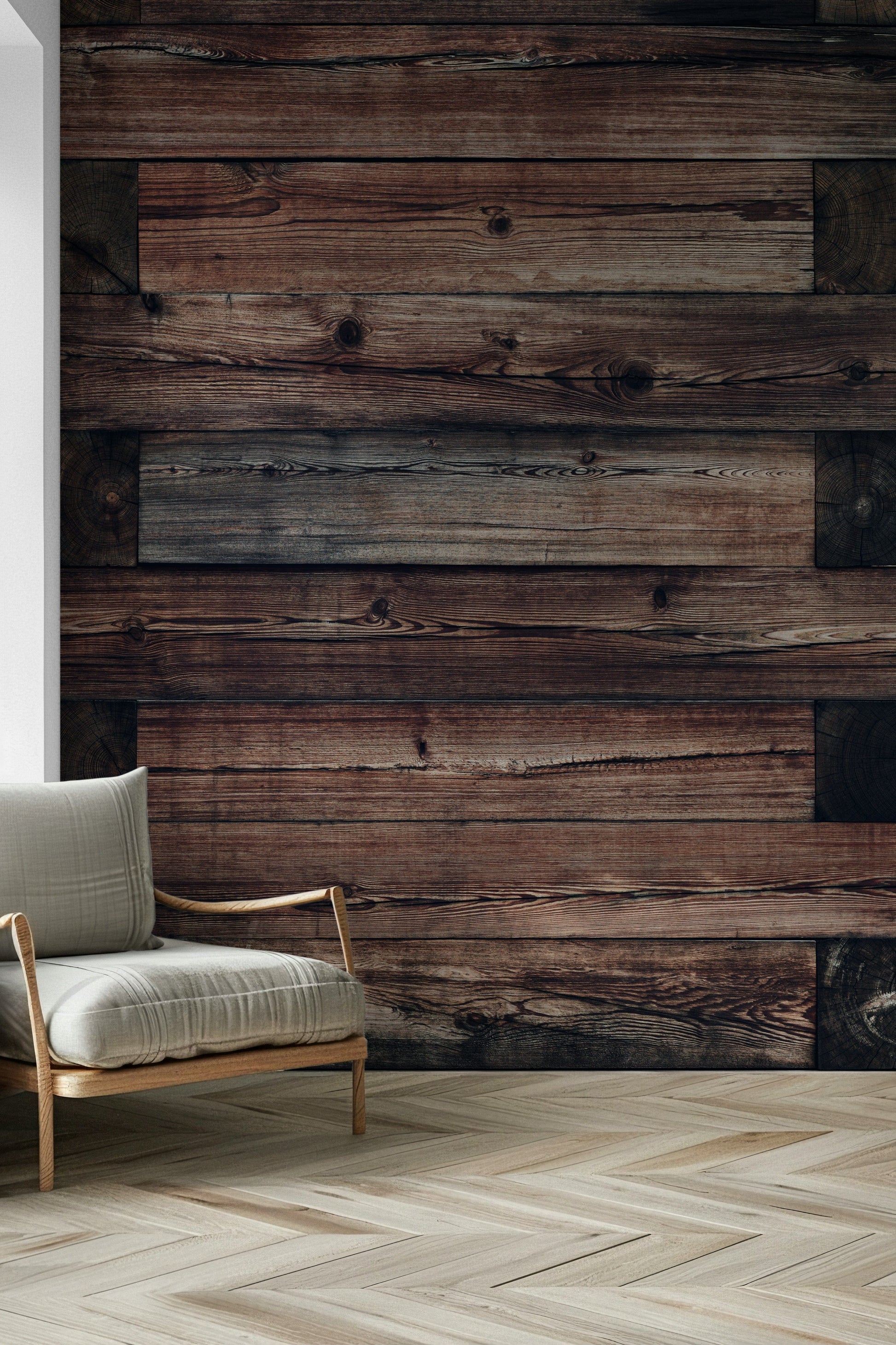 Rustic Timber Wall Mural featuring natural wooden planks with warm, earthy tones for cozy interiors.