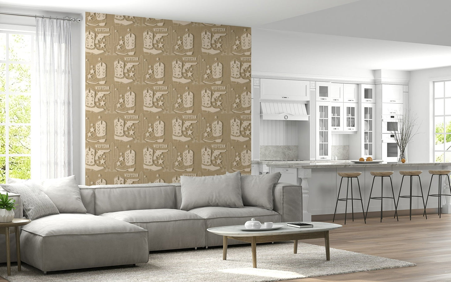 Rustic wallpaper showcasing classic Western symbols arranged in a textured repeating pattern.